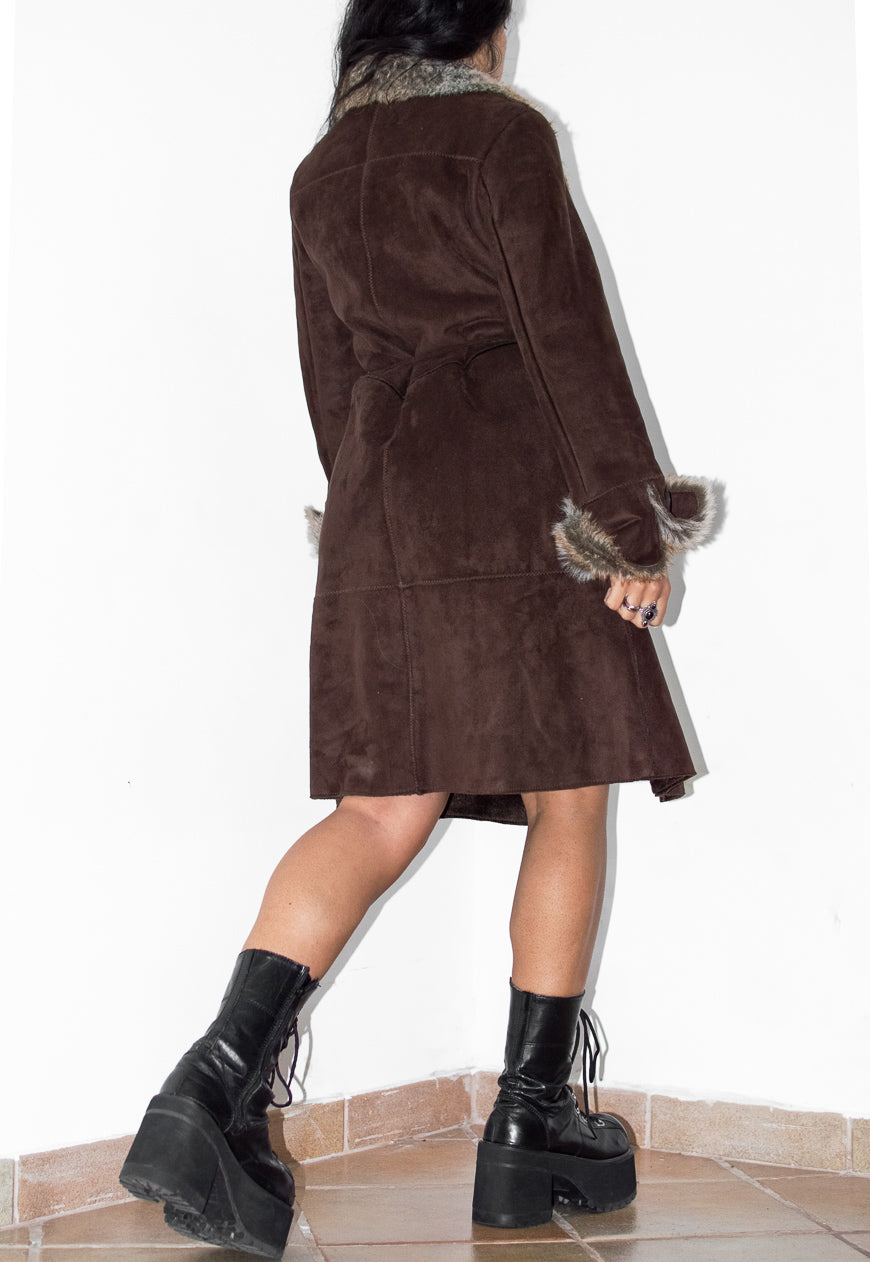 Vintage Brown Belted Faux Suede Afghan Coat