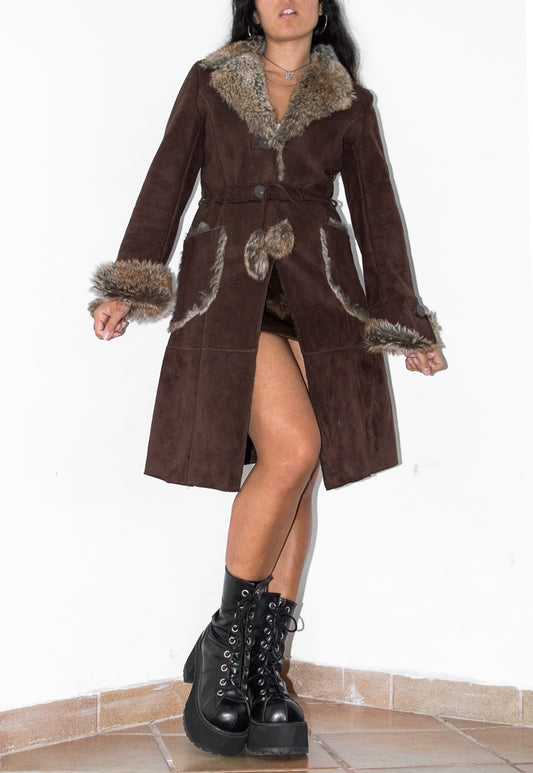 Vintage Brown Belted Faux Suede Afghan Coat