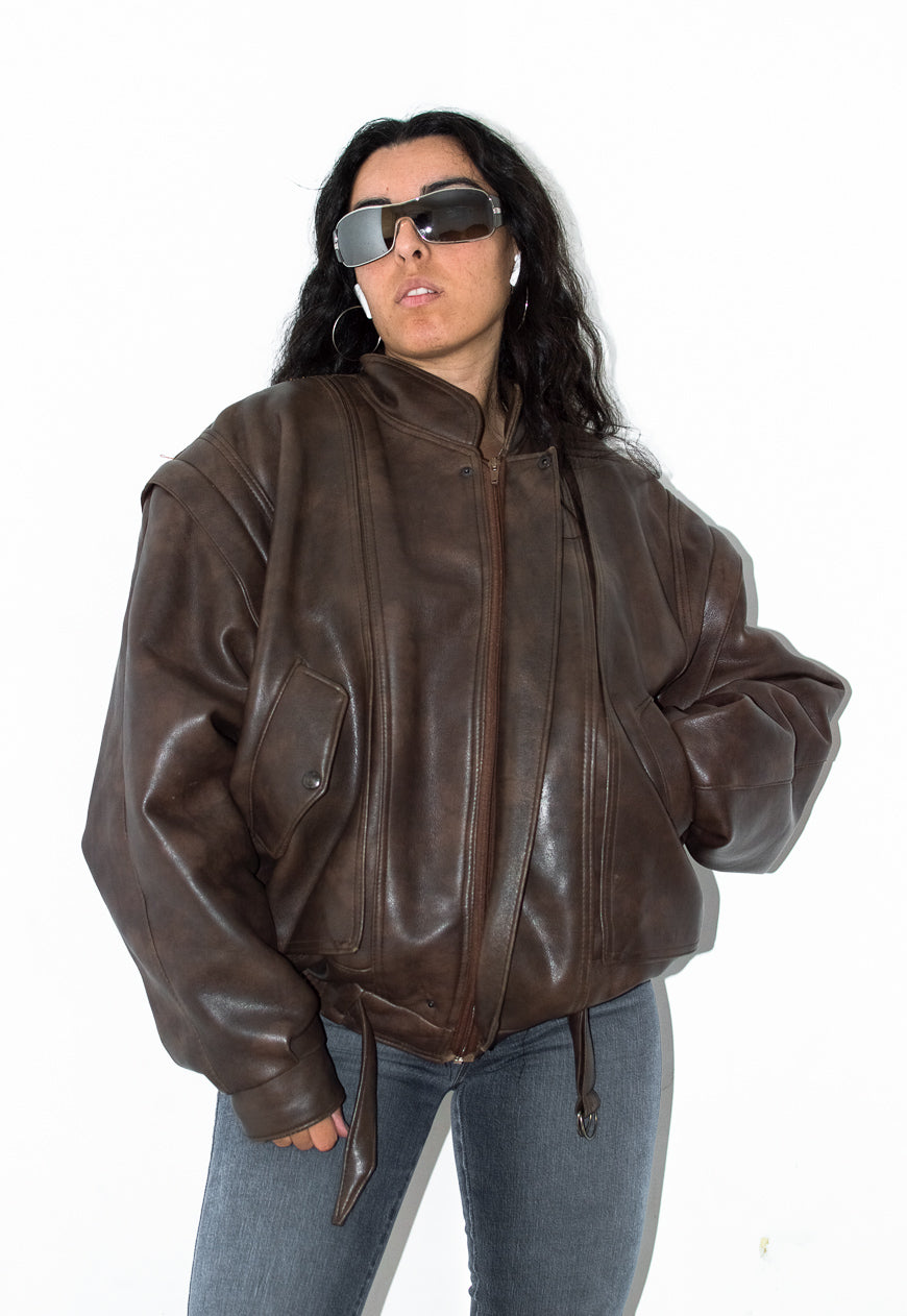 Vintage Heavy Faux Leather Bomber Jacket