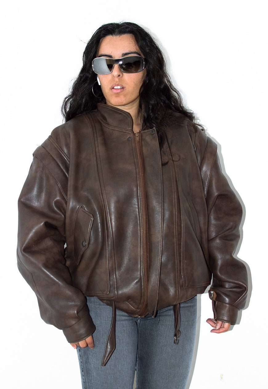 Vintage Heavy Faux Leather Bomber Jacket