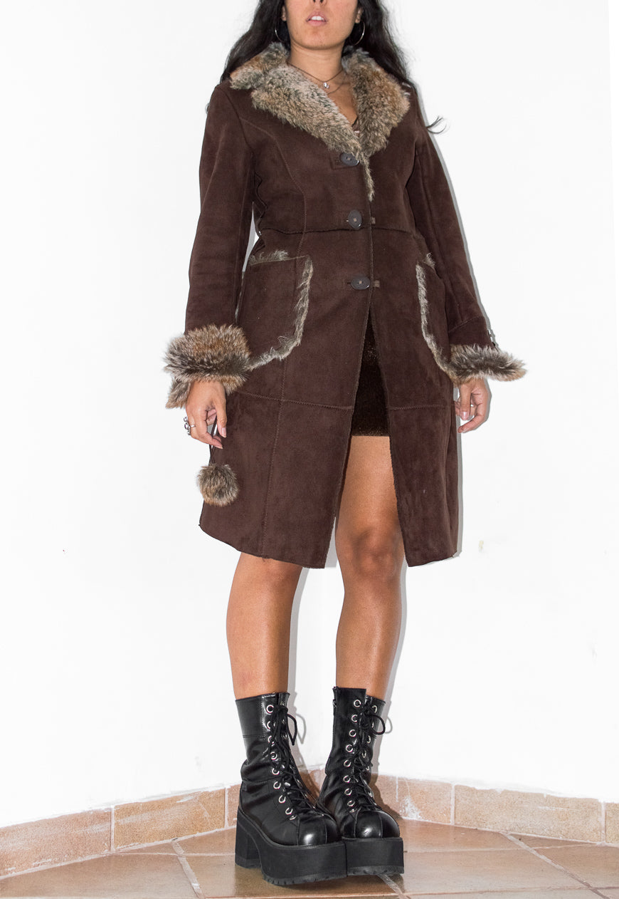 Vintage Brown Belted Faux Suede Afghan Coat