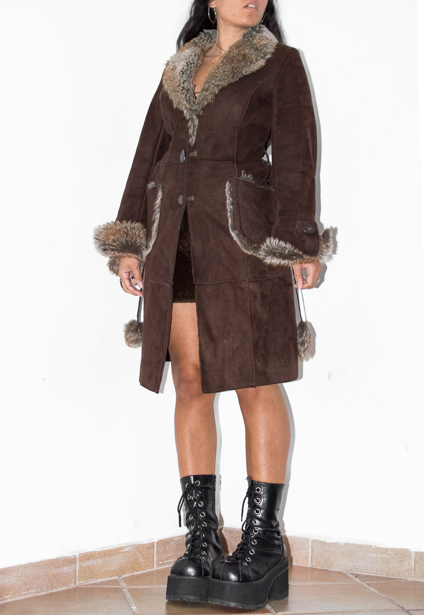 Vintage Brown Belted Faux Suede Afghan Coat