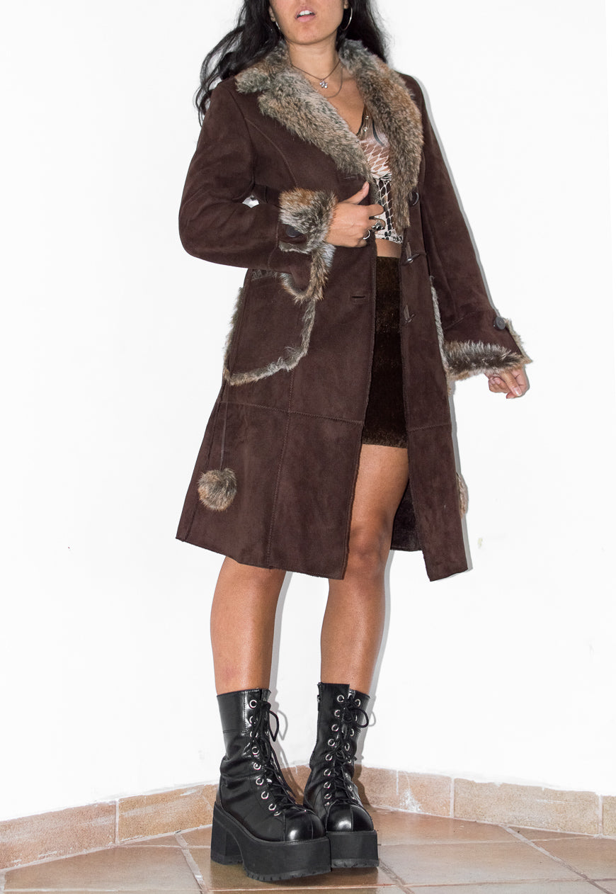 Vintage Brown Belted Faux Suede Afghan Coat