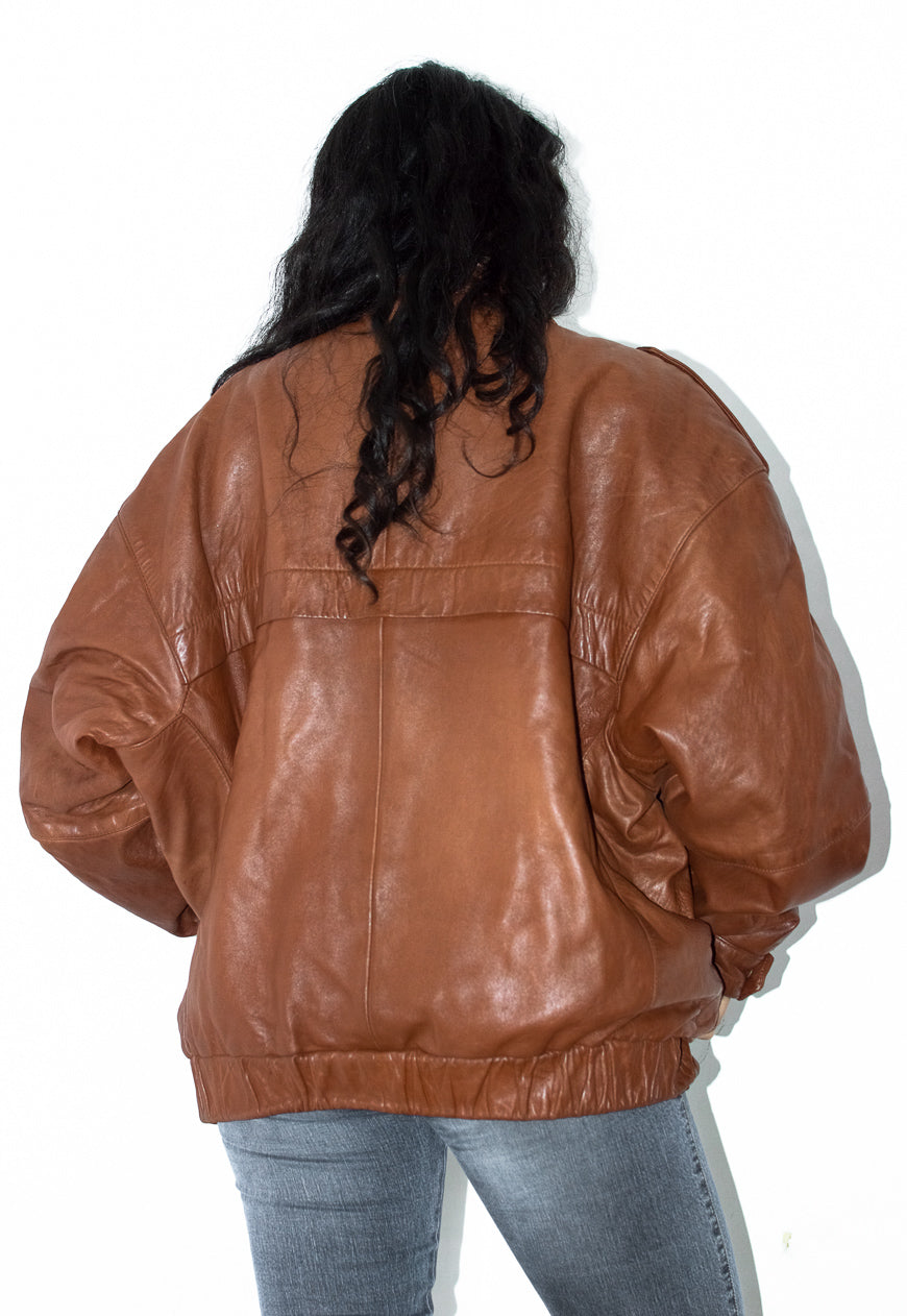 Vintage Oversize High Collar Leather Bomber Jacket