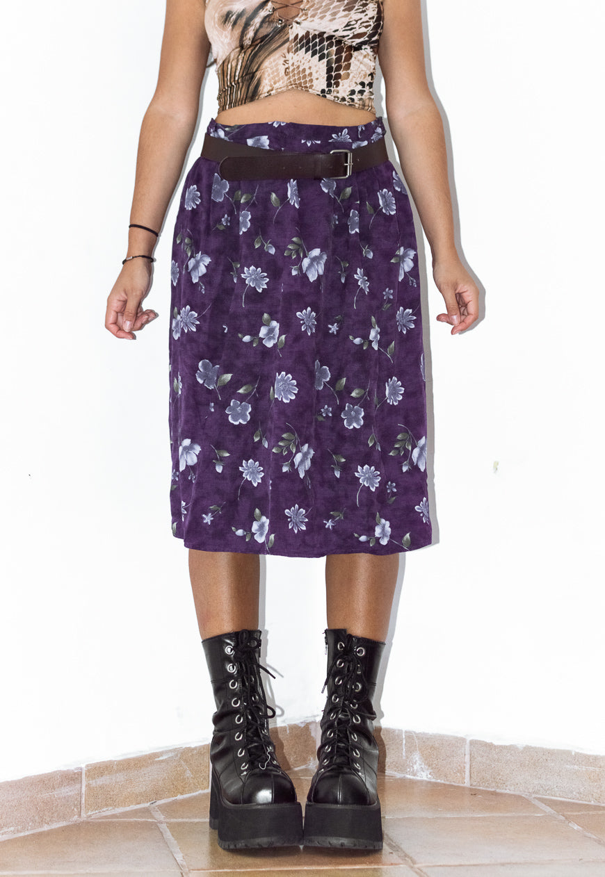 Goth Elastic Waist Purple Flower Midi Skirt