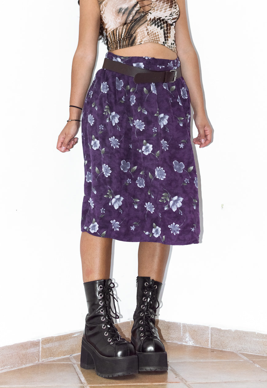 Goth Elastic Waist Purple Flower Midi Skirt