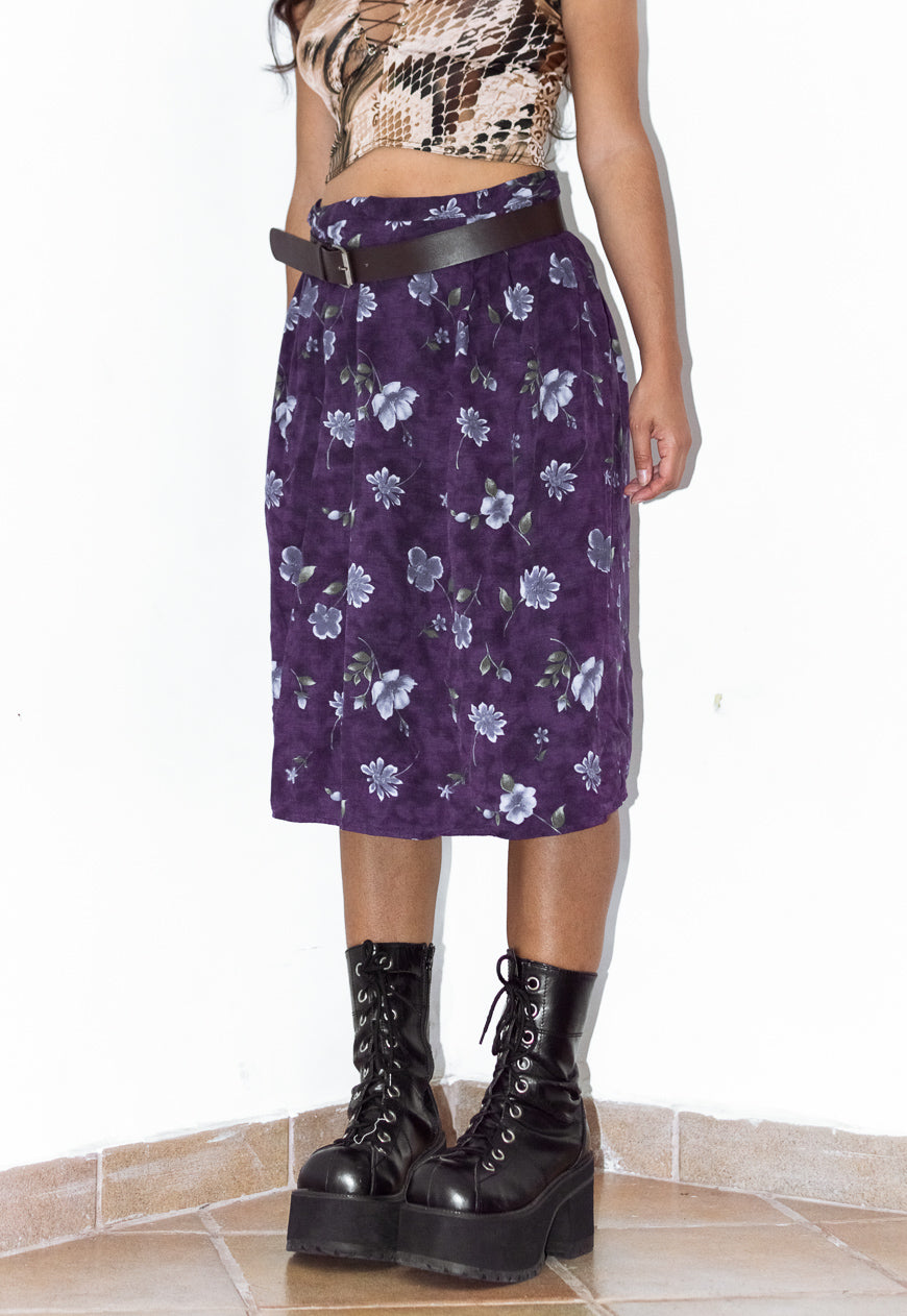 Goth Elastic Waist Purple Flower Midi Skirt