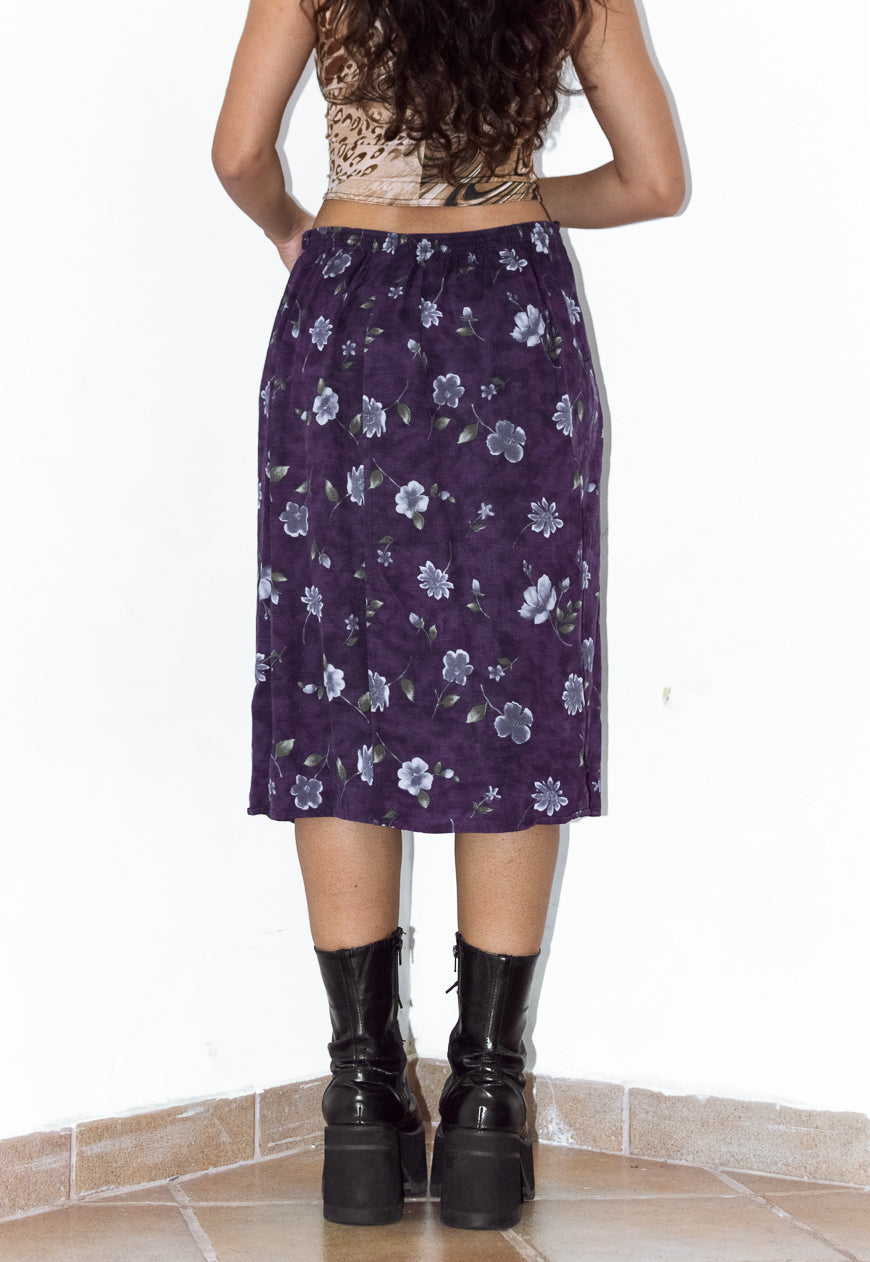 Goth Elastic Waist Purple Flower Midi Skirt