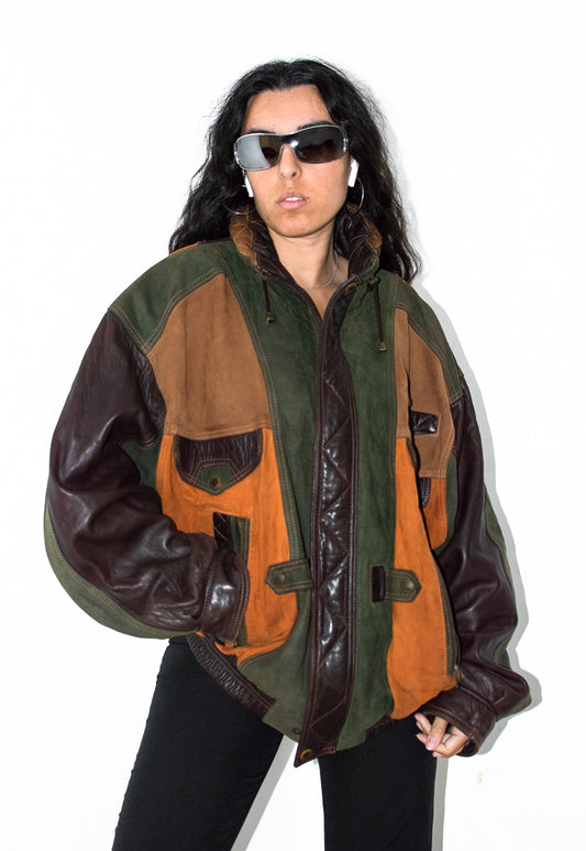 Vintage 90s Patchwork Genuine Leather Bomber Jacket