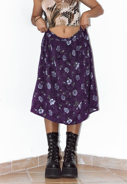 Goth Elastic Waist Purple Flower Midi Skirt