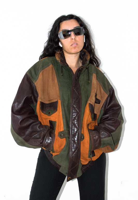 Vintage 90s Patchwork Genuine Leather Bomber Jacket