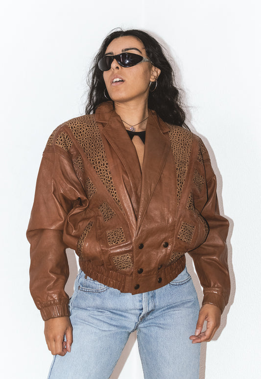 Vintage Brown 80s Leather Bomber Jacket