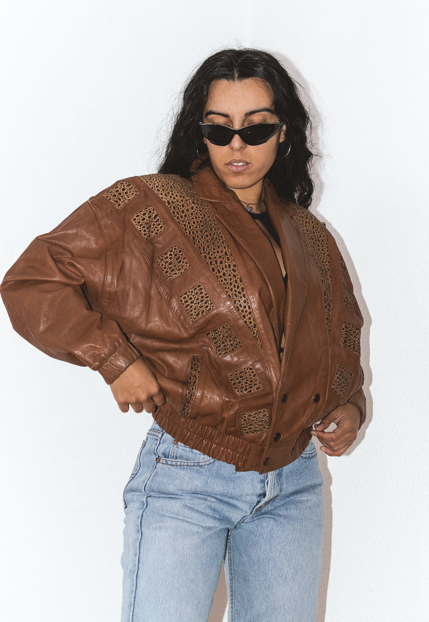 Vintage Brown 80s Leather Bomber Jacket