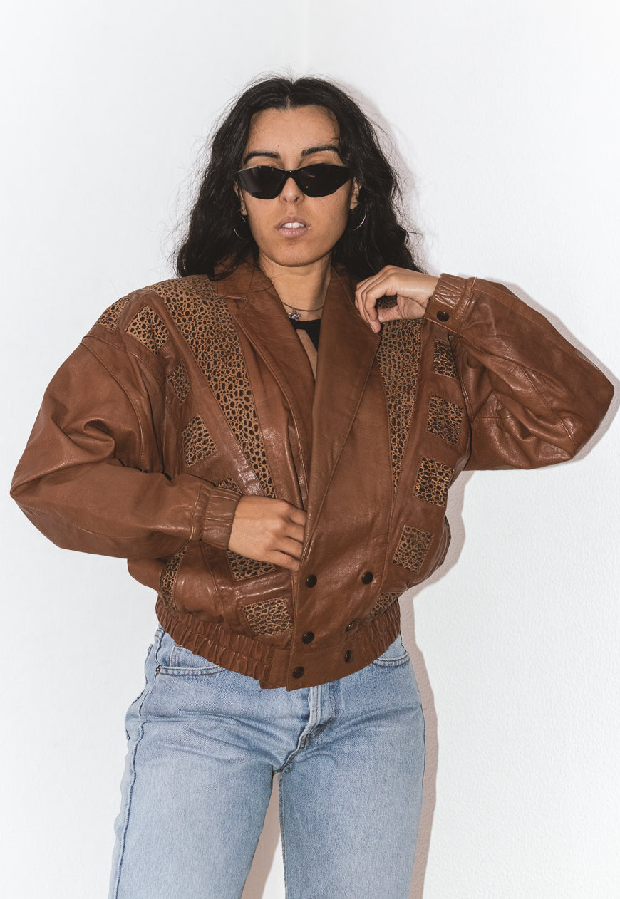 Vintage Brown 80s Leather Bomber Jacket