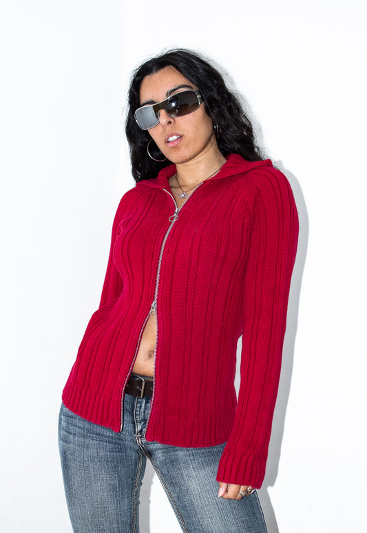 Vintage Y2k Red Double Zipper Cotton Cardigan