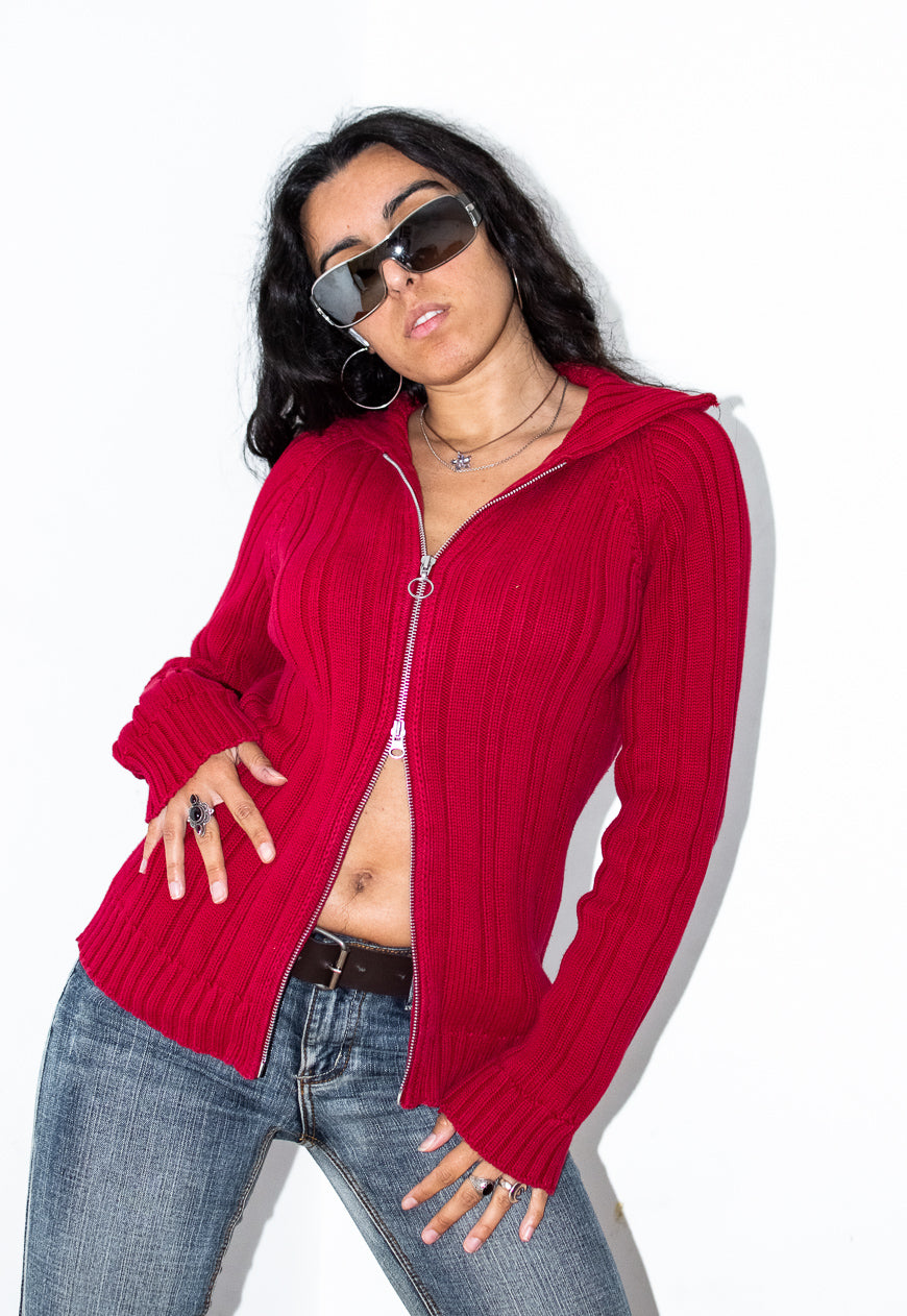 Vintage Y2k Red Double Zipper Cotton Cardigan