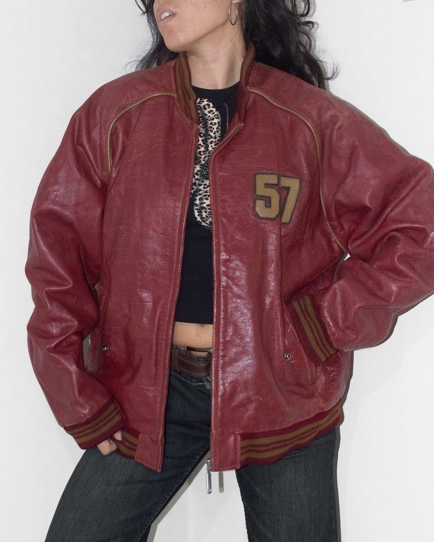 Vintage Late 90s Chevignon Wine Burgundy Oversize Baseball Varsity Real Leather Bomber Jacket