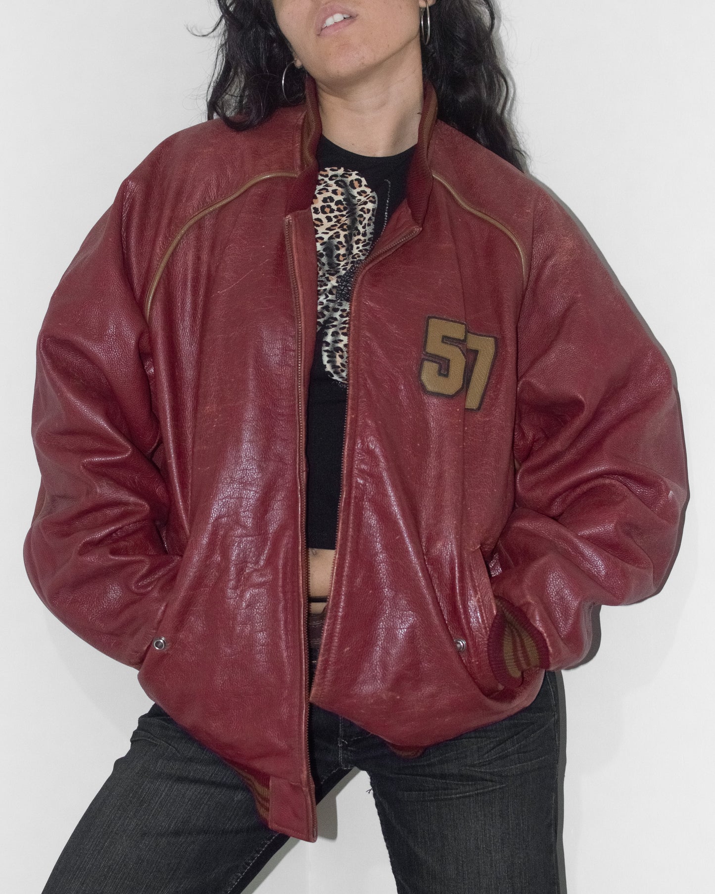 Vintage Late 90s Chevignon Wine Burgundy Oversize Baseball Varsity Real Leather Bomber Jacket