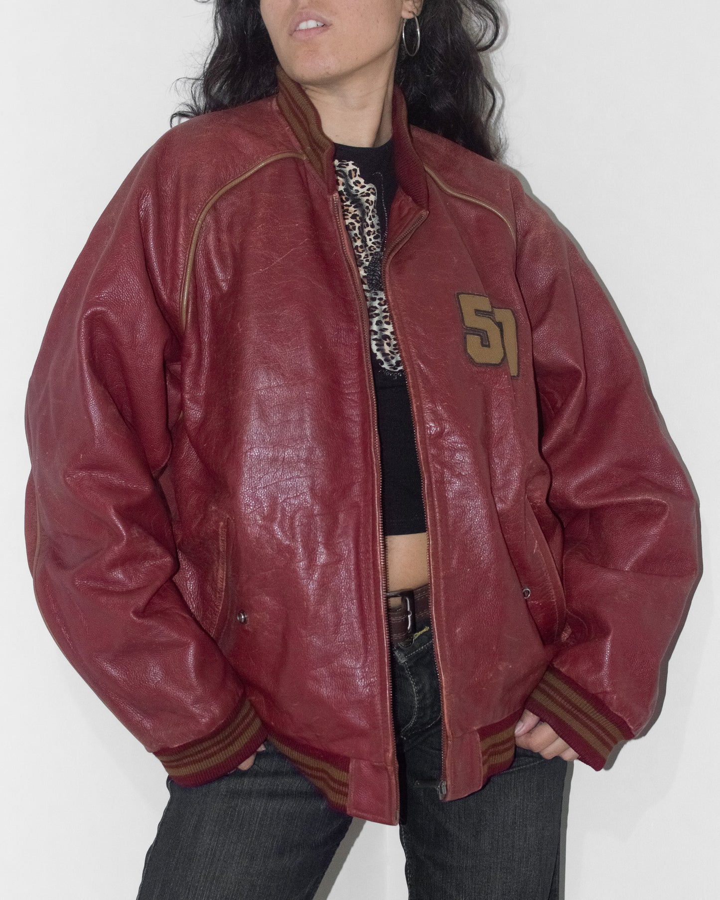 Vintage Late 90s Chevignon Wine Burgundy Oversize Baseball Varsity Real Leather Bomber Jacket