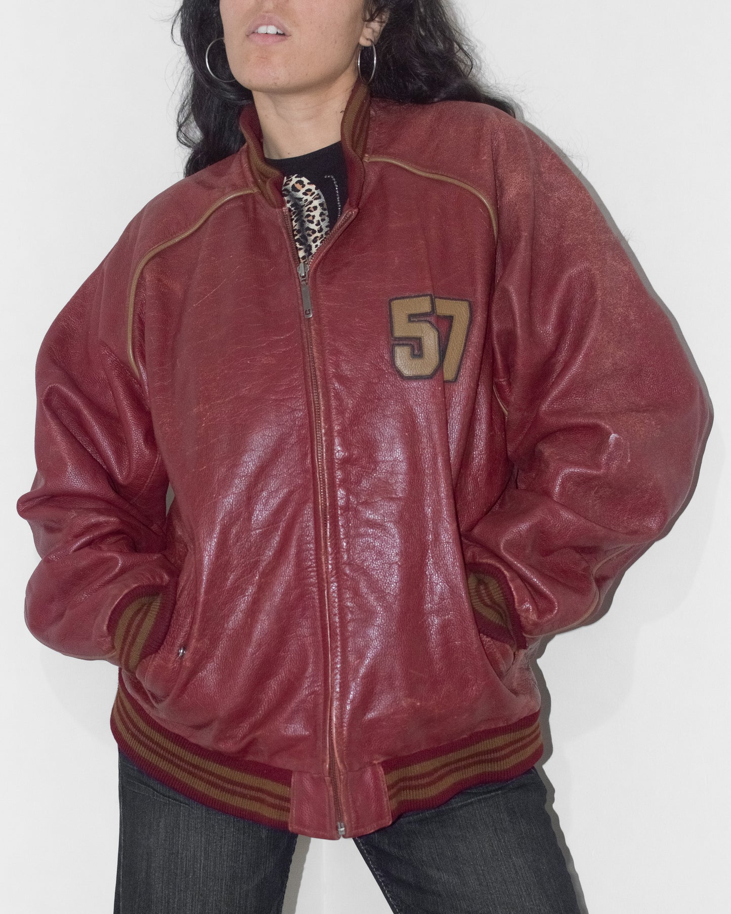 Vintage Late 90s Chevignon Wine Burgundy Oversize Baseball Varsity Real Leather Bomber Jacket