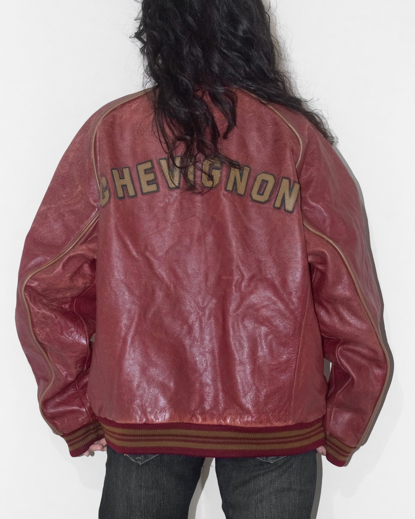 Vintage Late 90s Chevignon Wine Burgundy Oversize Baseball Varsity Real Leather Bomber Jacket