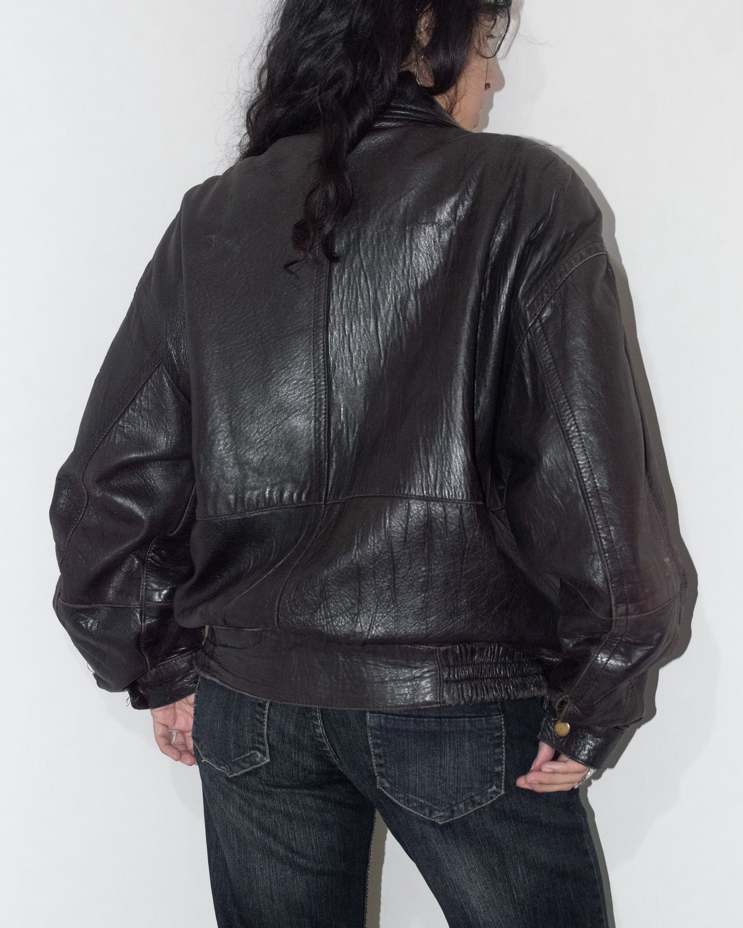 Vintage 90s Zip Up Dark Brown Real Leather Bomber Jacket - Size L