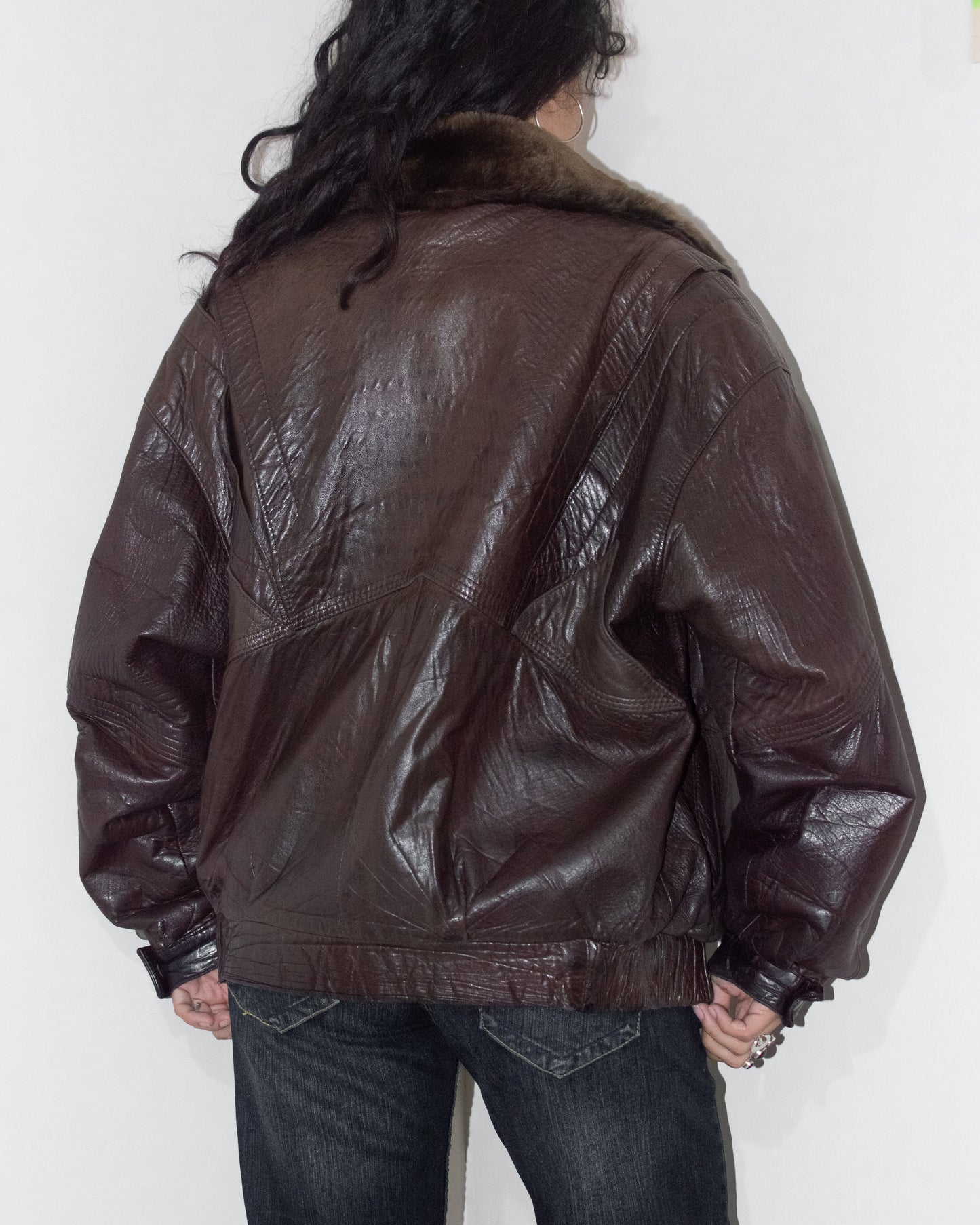 Vintage 90s  Aviator Brown Real Leather Bomber Jacket with Removable Faux Fur collar