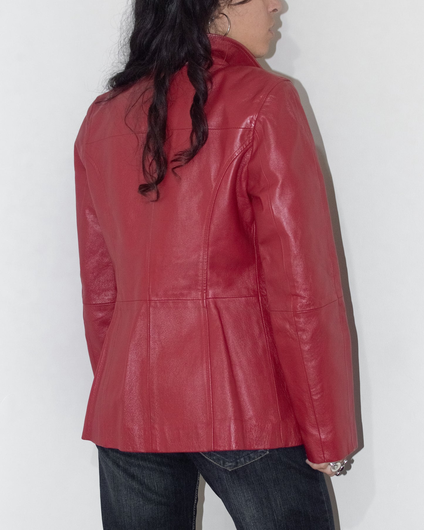 Vintage Y2k Red Zip Up Real Leather Biker Jacket - Size M