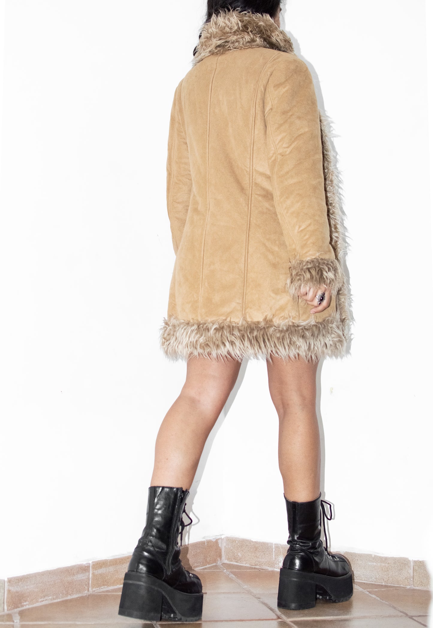 Vintage Y2k Beige Fluffy Faux Suede Afghan Coat