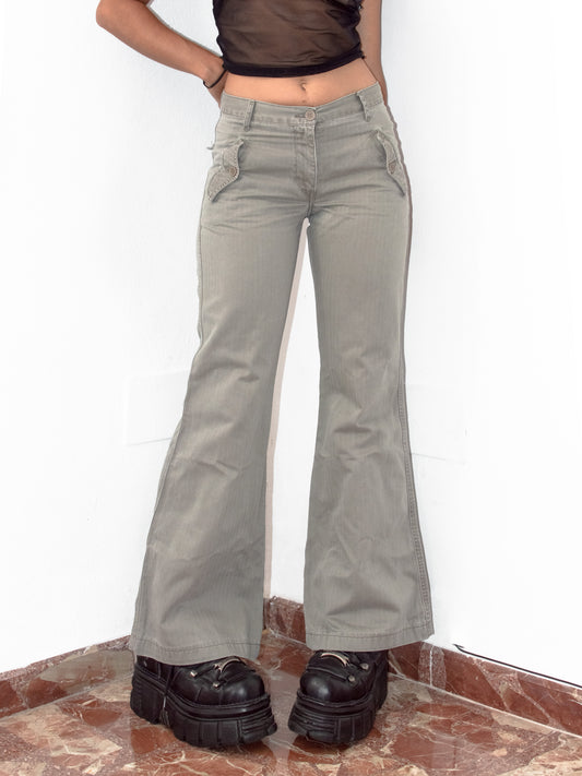 Vintage Grunge Mid Waisted Grey Textured Bell Bottom Y2k Trousers - Size S