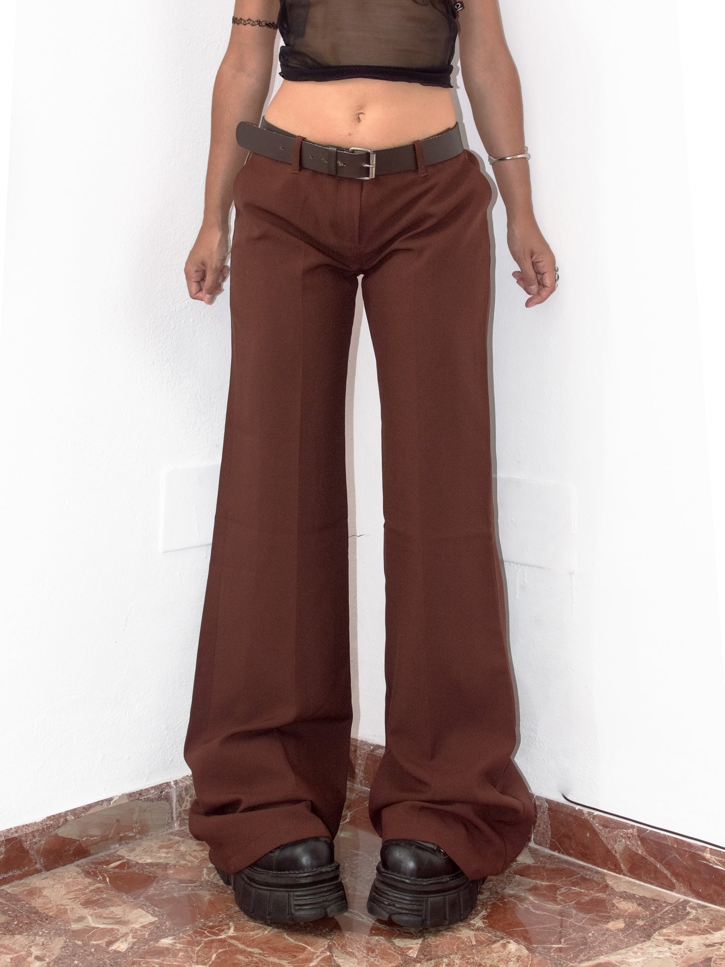 Vintage Y2k Office Siren Brown Grunge Low Rise Flare Leg Wide Trousers -