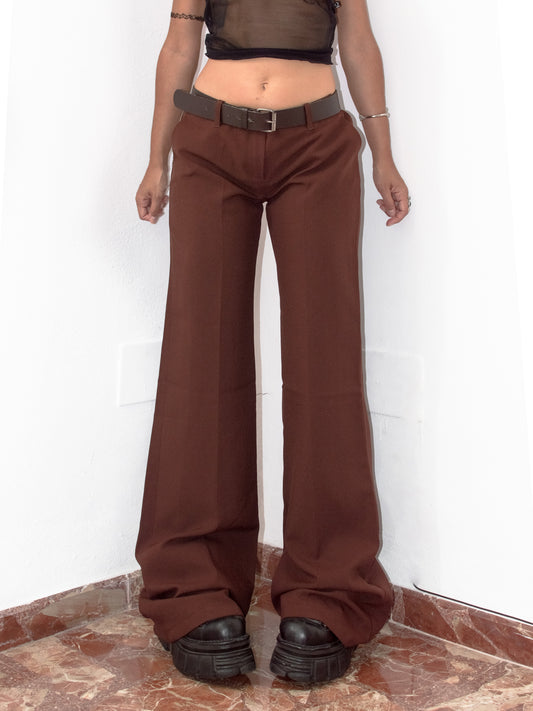 Vintage Y2k Office Siren Brown Grunge Low Rise Flare Leg Wide Trousers -