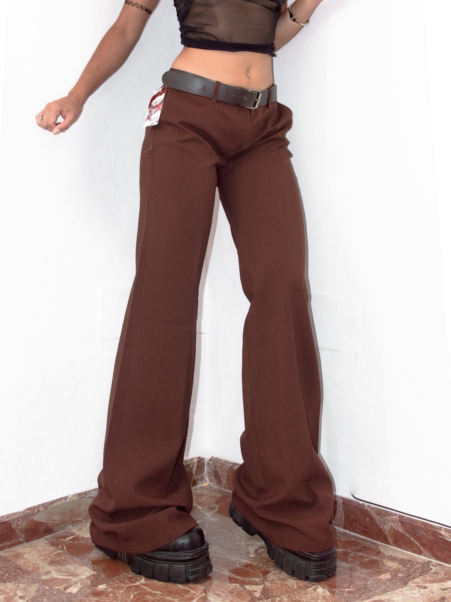 Vintage Y2k Office Siren Brown Grunge Low Rise Flare Leg Wide Trousers -