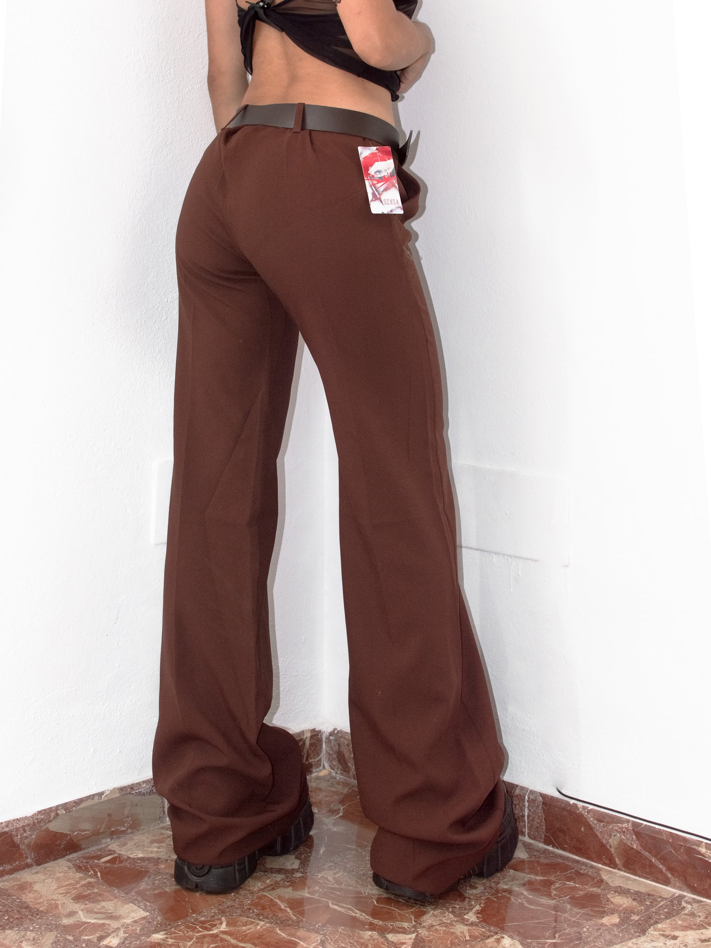 Vintage Y2k Office Siren Brown Grunge Low Rise Flare Leg Wide Trousers -