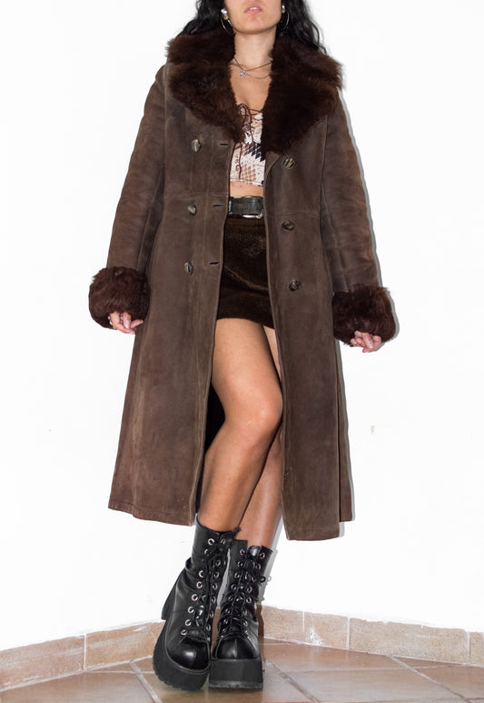 Vintage 90s Double Breasted Thick Fur Trim Leather Coat