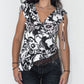 Vintage Y2k Black White Flower Print Wrap Asymmetrical Ruched Detail Top - Size M