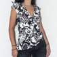 Vintage Y2k Black White Flower Print Wrap Asymmetrical Ruched Detail Top - Size M