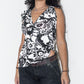 Vintage Y2k Black White Flower Print Wrap Asymmetrical Ruched Detail Top - Size M