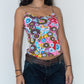 Vintage Y2k Colourful Flowers Print Stretchy Tank top with thin Glittering Straps - Size S