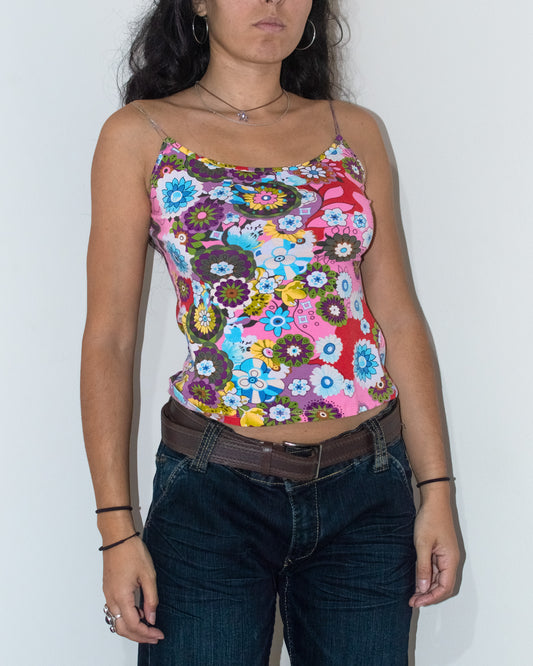 Vintage Y2k Colourful Flowers Print Stretchy Tank top with thin Glittering Straps - Size S