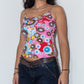 Vintage Y2k Colourful Flowers Print Stretchy Tank top with thin Glittering Straps - Size S