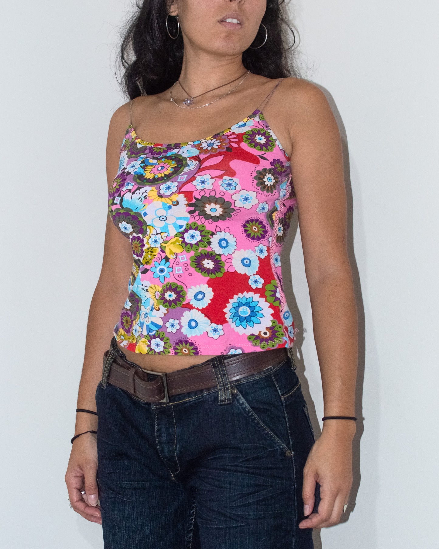 Vintage Y2k Colourful Flowers Print Stretchy Tank top with thin Glittering Straps - Size S