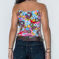 Vintage Y2k Colourful Flowers Print Stretchy Tank top with thin Glittering Straps - Size S