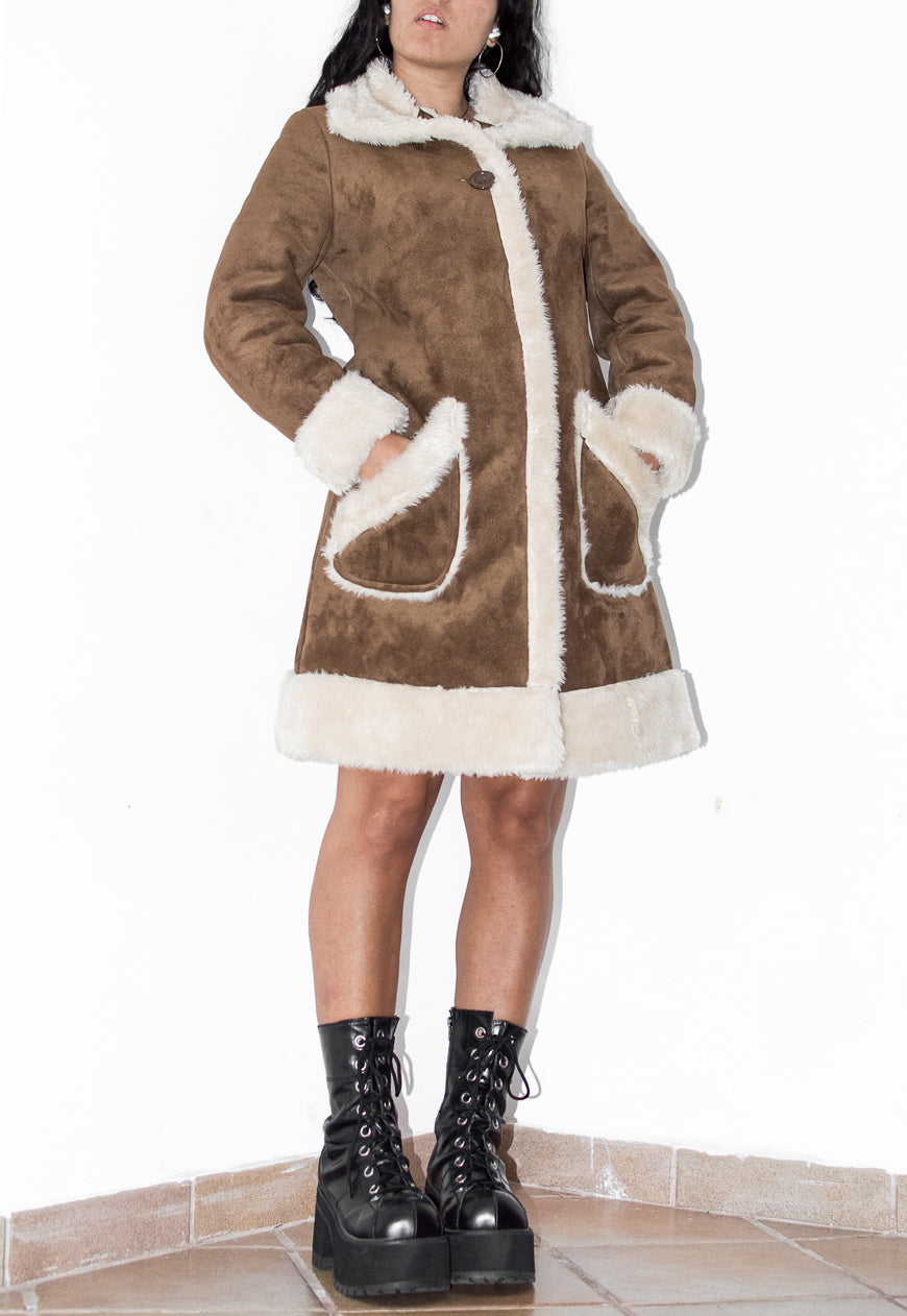 Vintage Faux Fur Trimmed Brown Shearling Coat