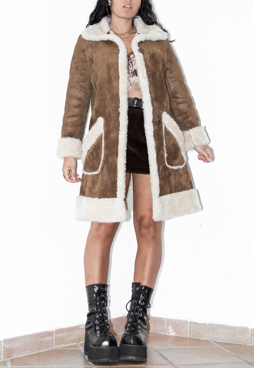 Vintage Faux Fur Trimmed Brown Shearling Coat