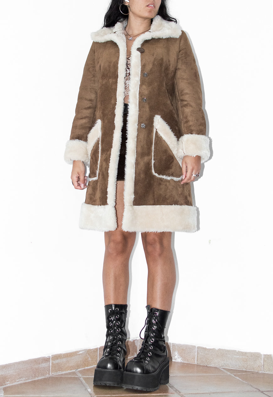 Vintage Faux Fur Trimmed Brown Shearling Coat