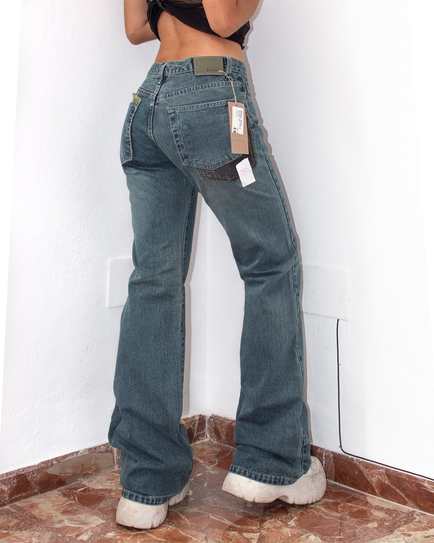 Y2k Deadstock Blue Acid Wash Mid Rise Wide Leg Thick Denim Pants - Size M