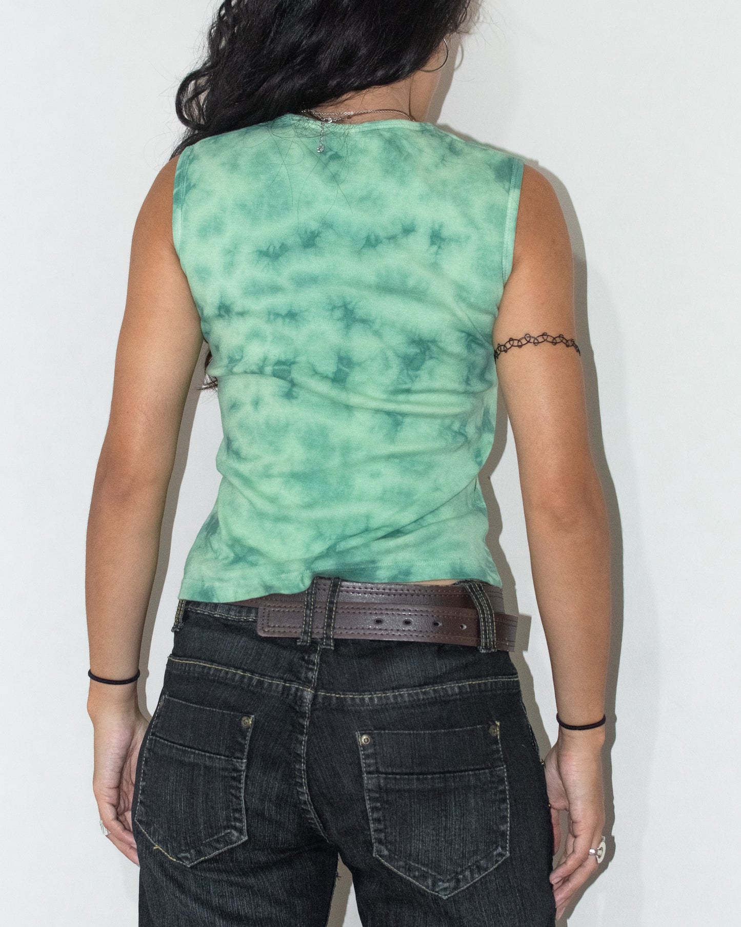 Vintage Y2k Tie dye Green Denim Detail Slogan Text Embroidery Tank Top - Size M