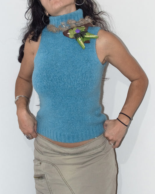 Vintage Y2K Cottage Core Blue Mohair Wool Sleeveless Jumper with Faux Fur Detail - Size S