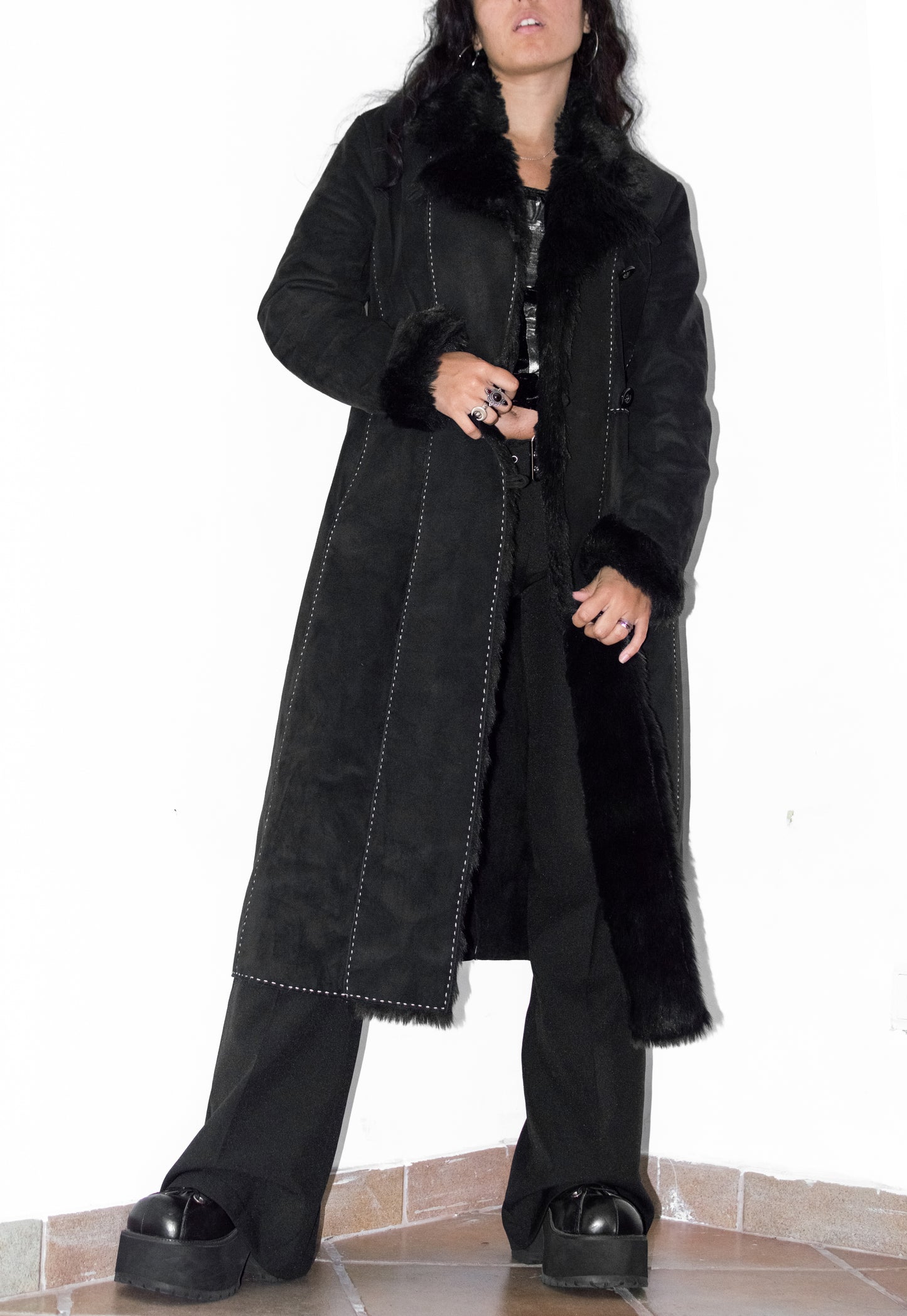 Vintage Black Faux Fur Long Afghan Coat